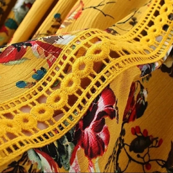 Yellow Boho Crochet Floral Long Sleeve Dress Top - Picture 7 of 7